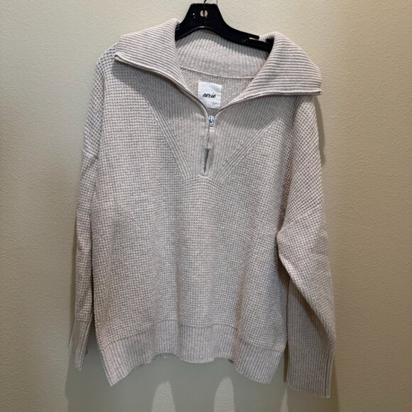 Aerie Oatmeal Quarter Zip Waffle Knit Sweater(M) and Wide Leg Pant(S) Set - Picture 2 of 10